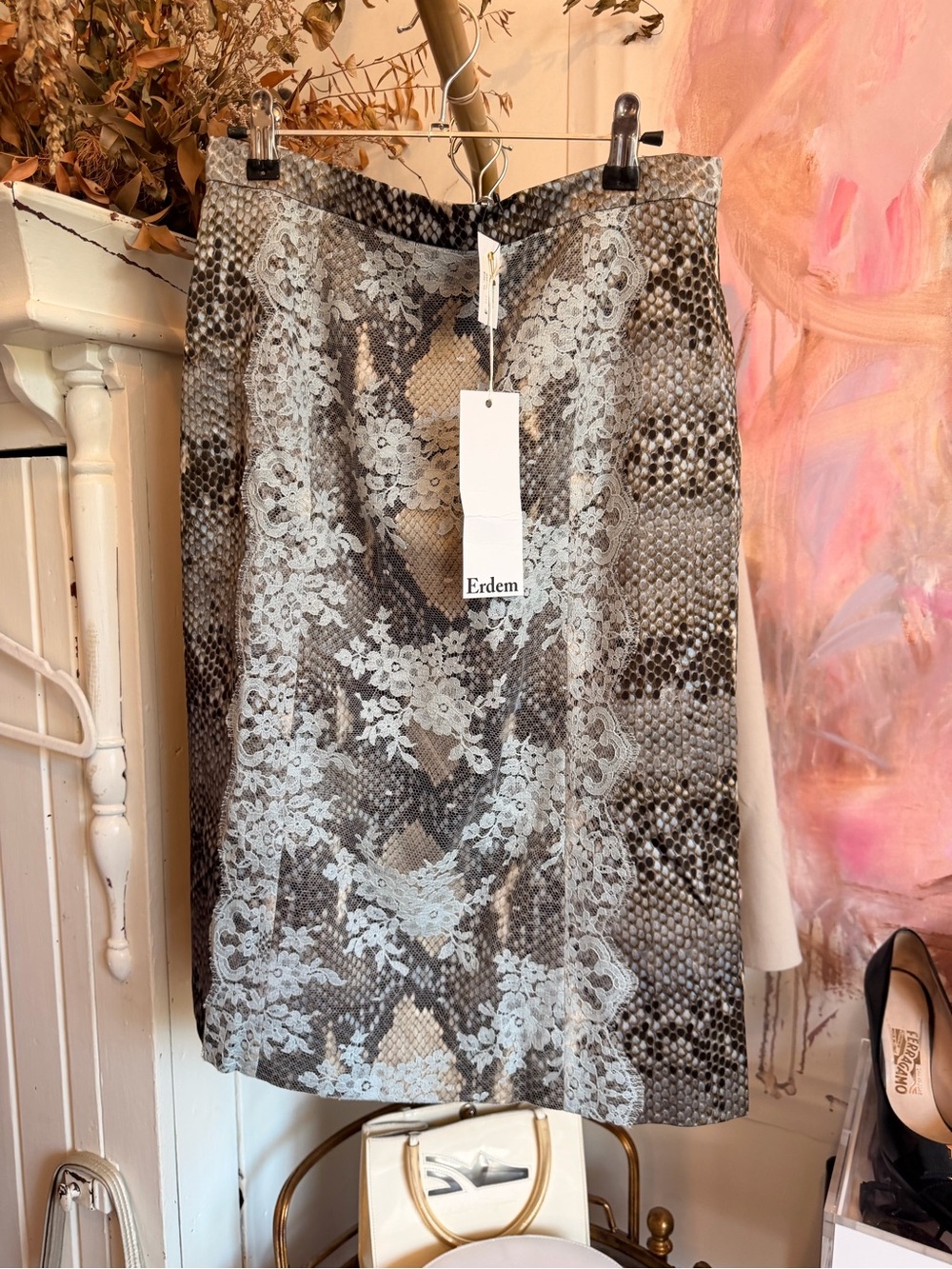 ERDEM Gray Lace-Overlay Snake-Print Pencil Skirt